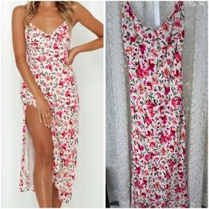 Hello Molly XS Floral Slip Midi Dress – Pink/White Backless‎ Tie Cutout